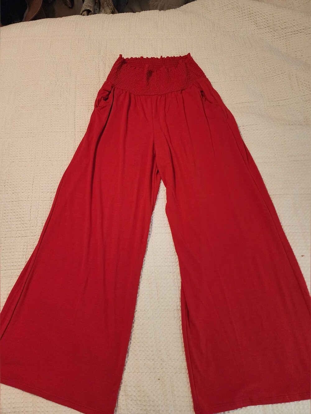 Zenana Red Wide Leg Smocked Elastic Waist Palazzo Pants 1X Stretchy New